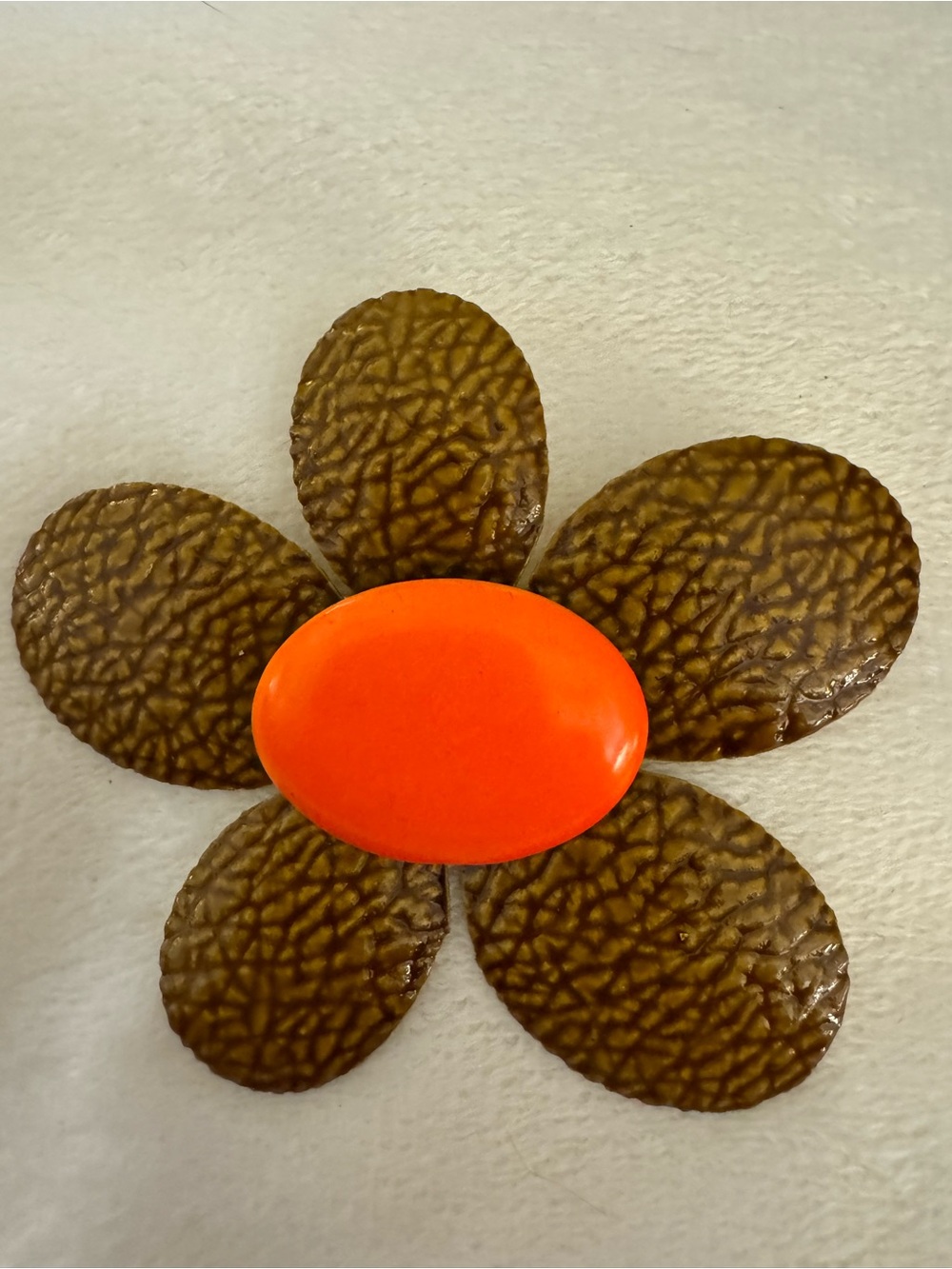 Vintage 1960’s Bright Orange Center Flower Brooch with Brown Textured Petals